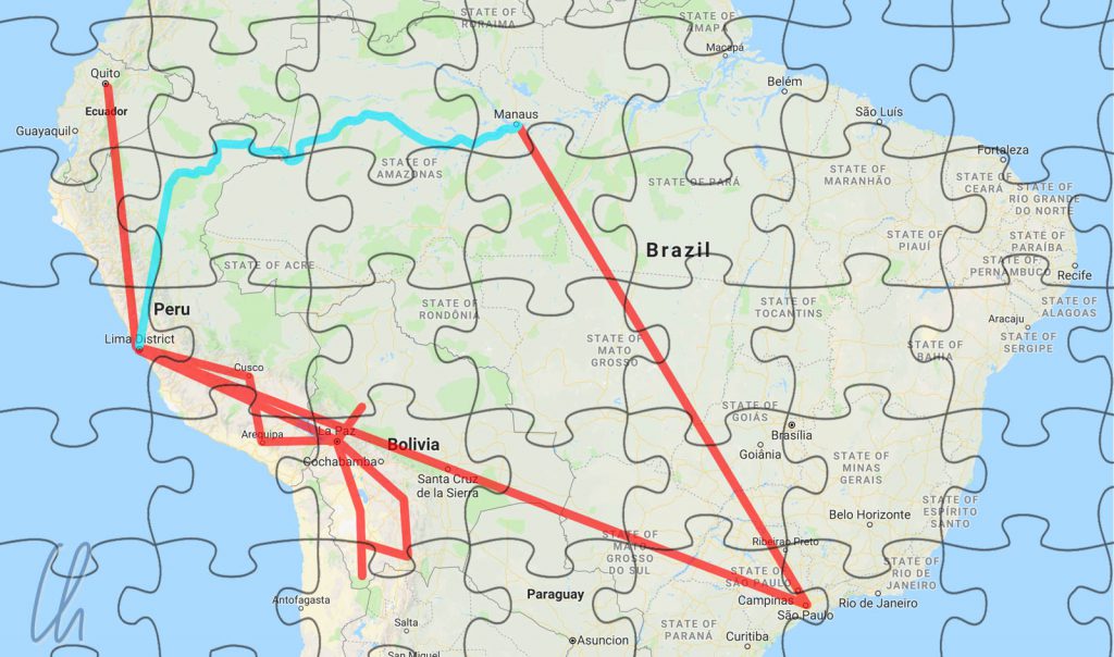 Kaum Ost-West Verbindungen: In Türkis der mögliche Landweg und in Rot unsere tatsächliche Route.