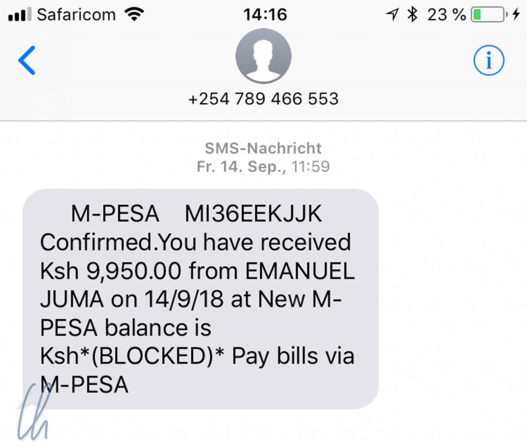 M-PESA Scam: Confirmed.You have received 9,950.00 from EMANUEL JUMA on 14/9/18 at New M-PESA balance is Ksh*(BLOCKED)* Pay Bills via M-PESA