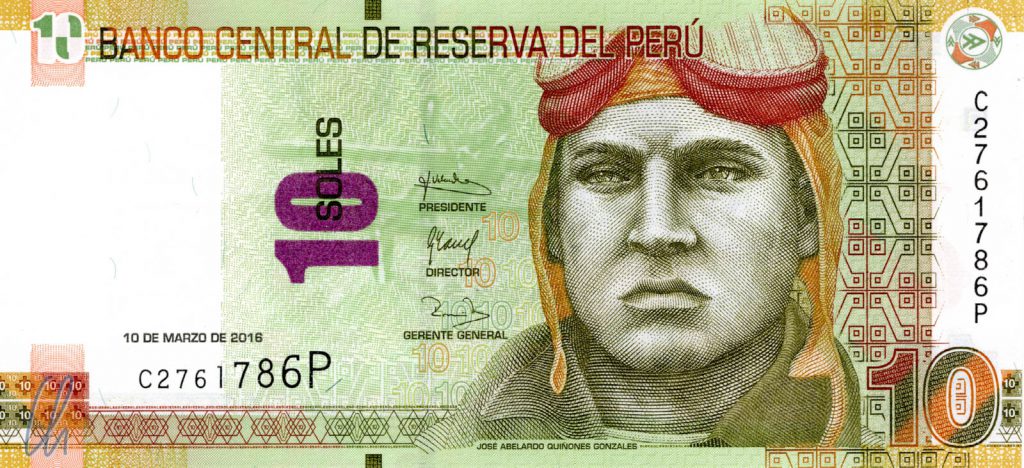 10 peruanische Soles (2,55 Euro): José Abelardo Quiñones Gonzales, peruanischer Flieger und Nationalheld