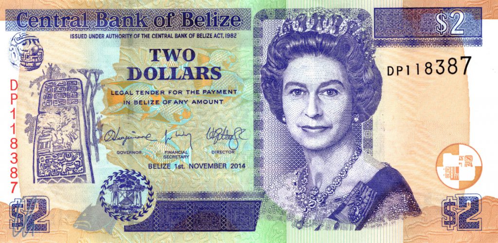 2 Belize Dollar (0,88 Euro): die junge Queen Elizabeth II
