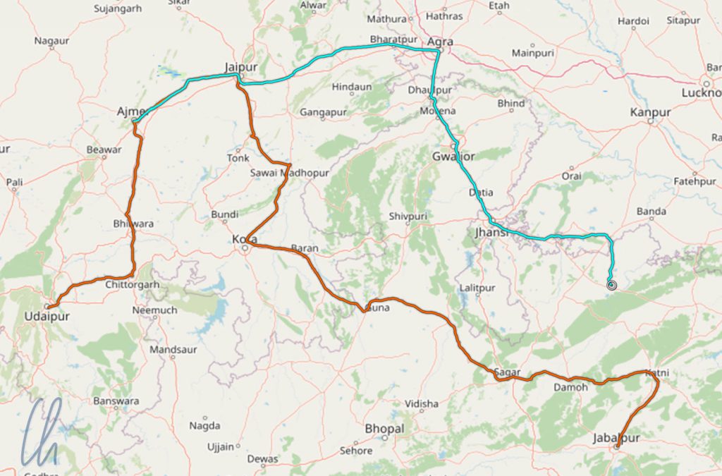 Unsere Zugfahrten in Indien: Von Khajuraho nach Ajmer (türkisfarben) und von Udaipur über Ajmer nach Jabalpur (orangefarben)