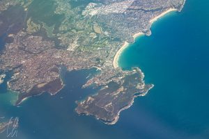 Unser letzter Blick auf Australien: Manly und der North Head bei Sydney von oben