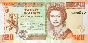 20 Belize Dollar, präsentiert von einer jungen Queen